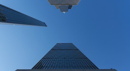 Skyscrapers View from Below Against Clear Blue Sky, Modern Architecture, Urban Landscape