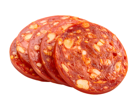 Sliced Spanish pork chorizo sausage isolated on transparent png