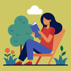 Girl with a cup reads a book while sitting on a deck chair in the garden vector on colorful background.