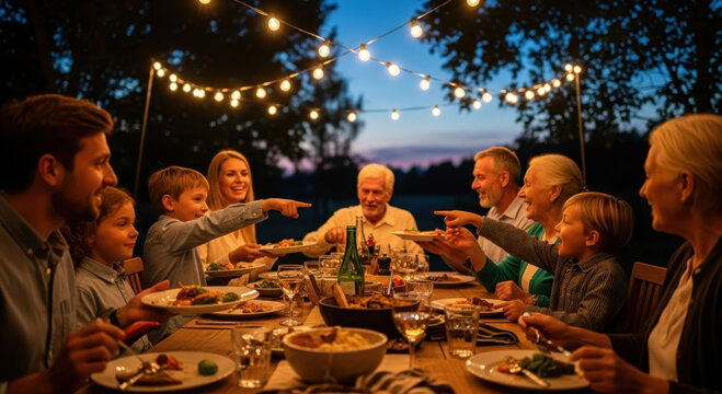 Longevity and habits shine joyful family dinner evening lights - Powered by Adobe