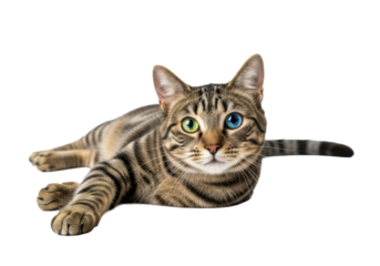 Healthy adult tabby cat with brown, black, cream striped fur, vibrant green and blue heterochromia eyes, lying relaxed, head tilted, paw extended, gazing calmly, on pristine plain white studio