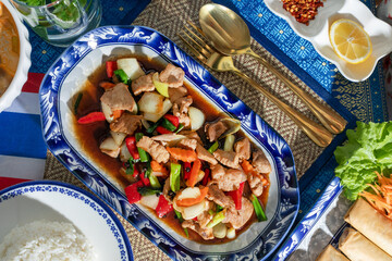 Stir-fried kaleidoscope in porcelain, vibrant Lunar New Year feast, tantalizing umami, Thai Songkran celebration, golden culinary harmony