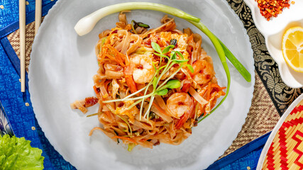 Stirring Thai shrimp pad thai, infused with adventurous zest, celebrated during Songkran, global...