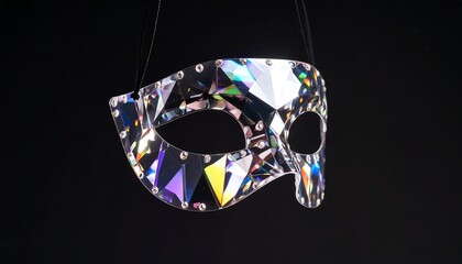 Sparkling Crystal Mask Suspended Against Black Background, Reflecting Light Beautifully