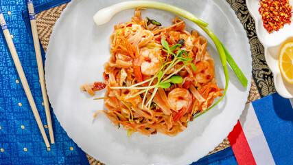 A vibrant dance of shrimp and noodles, echoing Songkran celebrations, garnished with scallions, amidst colorful textile tapestry