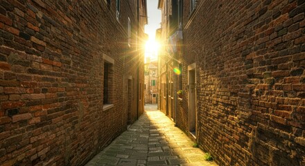 Sunlit Narrow Alleyway in Venice, Italy, Brick Walls, Cobblestone Path.