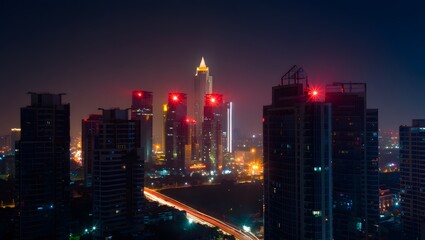 Obraz premium Night Cityscape: Modern Towers, Vibrant Lights, Dramatic Mood