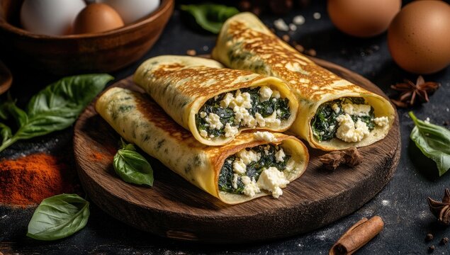 Three spinach and feta crepes, golden brown and rolled, presented on a wooden board. Fresh basil leaves, eggs, spices, and baking ingredients surround the crepes, creating a rustic culinary scene
