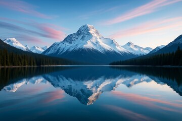 Majestic snow-covered mountain landscape with serene lake reflections and soft pastel clouds at sunrise in a peaceful wilderness setting. Ai generative