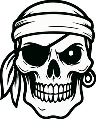 Monochrome Pirate Skull with Bandana, Eye Patch, and Earring Illustration