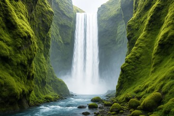 Majestic waterfall flowing between lush green mossy cliffs in serene canyon landscape with mist and soft natural light in background. Ai generative. Ai generative