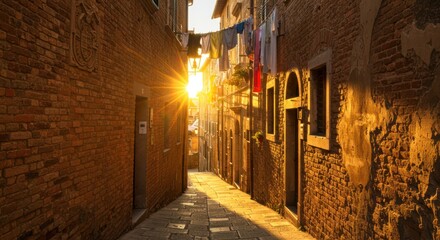 Sunlit Italian Alleyway with Laundry and Brick Buildings.