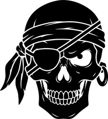 Black Silhouette Pirate Skull with Bandana, Eye Patch, and Earring