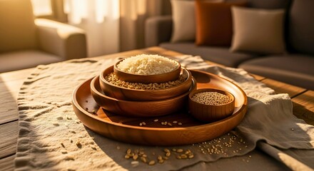 Natural Grains Assortment Wooden Bowls Warm Home Interior Sunlight