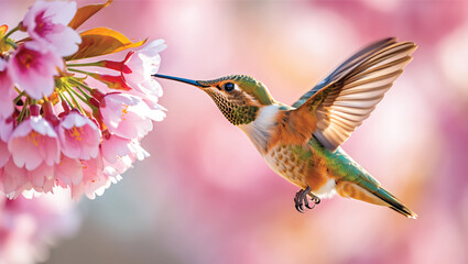 Fototapeta premium Hummingbird Feeding on Pink Cherry Blossoms in Springtime Garden Serene and Vibrant Nature Scene Delicate Flowers and Bird in Flight