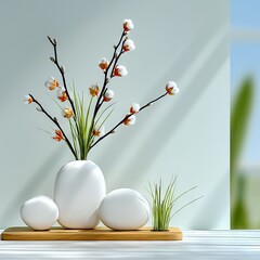 White Vase with Cotton Branches and Minimalist Decor