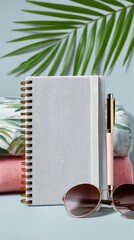White Textured Notebook with Gold Pen and Sunglasses on Blue Background