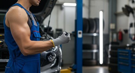Fototapeta premium Garage Mechanic Fixing Vehicle Underside with Toolkit on Clean Workshop Floor