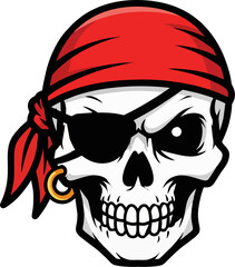 Cartoon Pirate Head with Red Bandana and Gold Earring Vector Illustration