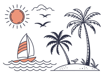 Stylized Tropical Flat Icons with Sun, Sea Waves, Surfboard, Palm Trees on an Island, and Flying Birds