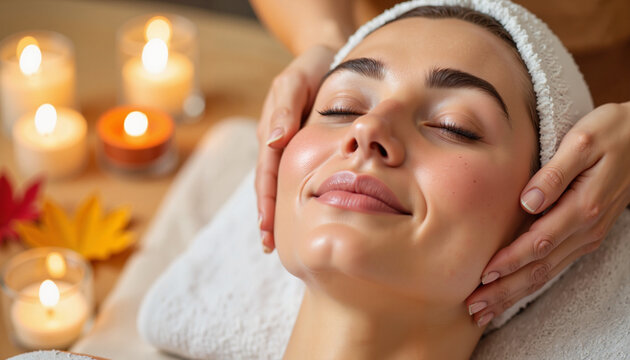 Woman relaxing during facial spa treatment in autumn-themed room, self-care