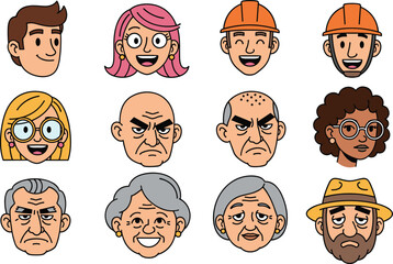 Cartoon character heads with varied hairstyles and accessories, diverse design set, avatar illustration, creative face graphics, vector artwork