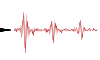 Red line wave graph shows the level of the earthquake on the lined graph paper. Vector Flat Illustration.