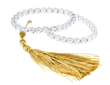 Elegant Crystal Islamic Prayer Beads with Golden Tassel, Angled Side Perspective, Isolated