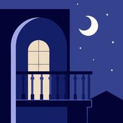 A night balcony by moonlight vector landscape background.