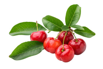 Obraz premium Fresh acerola cherries with leaves isolated on transparent background