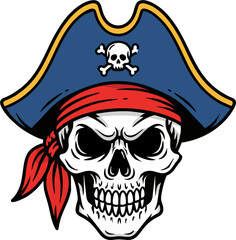 Pirate Skull with Blue Tricorne Hat and Red Bandana - Vector Illustration