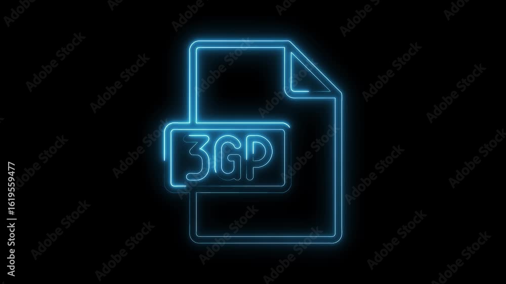 Poster glowing blue neon 3 g p file icon with transparent background representing digital media file format