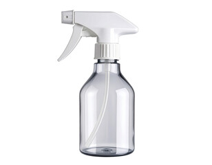 Empty Clear Spray Bottle Lying Flat with White Nozzle, Top-Down Composition, Isolated