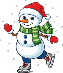 Cheerful snowman ice skating on frozen pond, Santa hat, green scarf, red mittens, winter fun, festive Christmas illustration, joyful holiday mascot