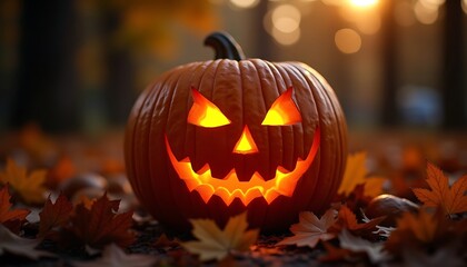 Carved Pumpkin Glowing in Autumn Leaves at Dusk