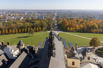 Aerial view of Jasna Gora meadows with column Monument to Our Lady Immaculate, Czestochowa, Poland