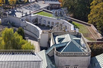 Aerial view of gates leading to 14th century baroque Jasna Gora Monastery, famous pilgrimage center, Czestochowa, Poland