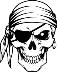 Pirate Skull with Eyepatch and Bandana - Vector Illustration