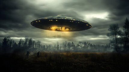 Obraz premium Flying saucer over misty forest