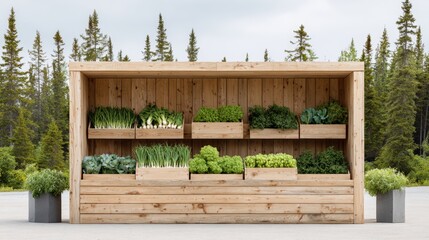 Wooden vegetable stand displaying fresh greens and herbs in rustic wooden boxes, surrounded by lush trees in a serene outdoor setting