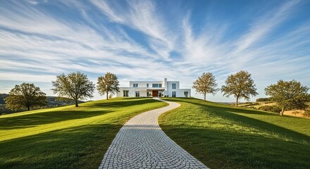 Modern Hilltop Home Winding Path Scenic Landscape Architecture