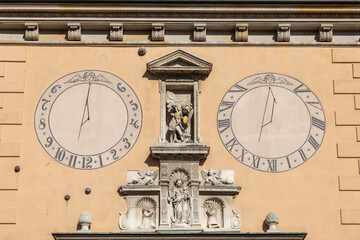 Facade of Jasna Gora Basilica with two sundials, Czestochowa, Poland