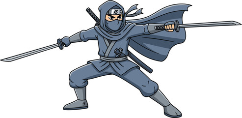 Dynamic ninja character in blue outfit, dual swords ready, action pose illustration, stealth warrior, martial arts fighter, masked combat design