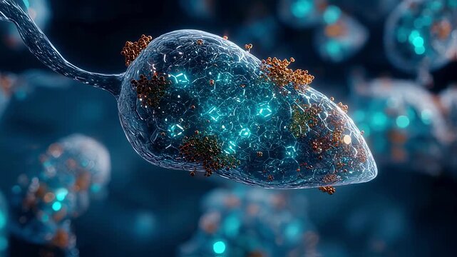 Hightech render of liver metabolism depicting gluconeogenesis and glowing teal sugar molecules formation.