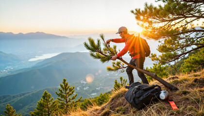 Outdoor enthusiast trimming pine branches on mountain slope at sunrise, nature's care