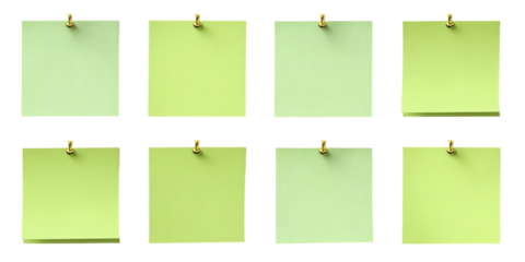 Nine light-green sticky notes, each with a gold paperclip