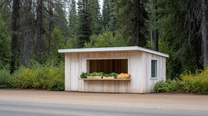 Rustic wooden roadside stand displaying fresh produce, surrounded by lush greenery and tall trees, inviting passersby to stop and shop