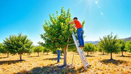 Skilled worker pruning citrus tree in sunny orchard, nurturing growth