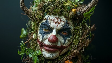 Creepy clown with moss and tree branches for a Halloween fright night themed spooky display
