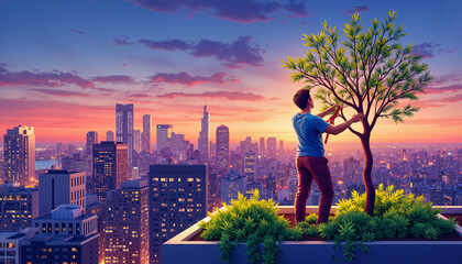 Urban gardener pruning tree on rooftop at twilight, city sustainability